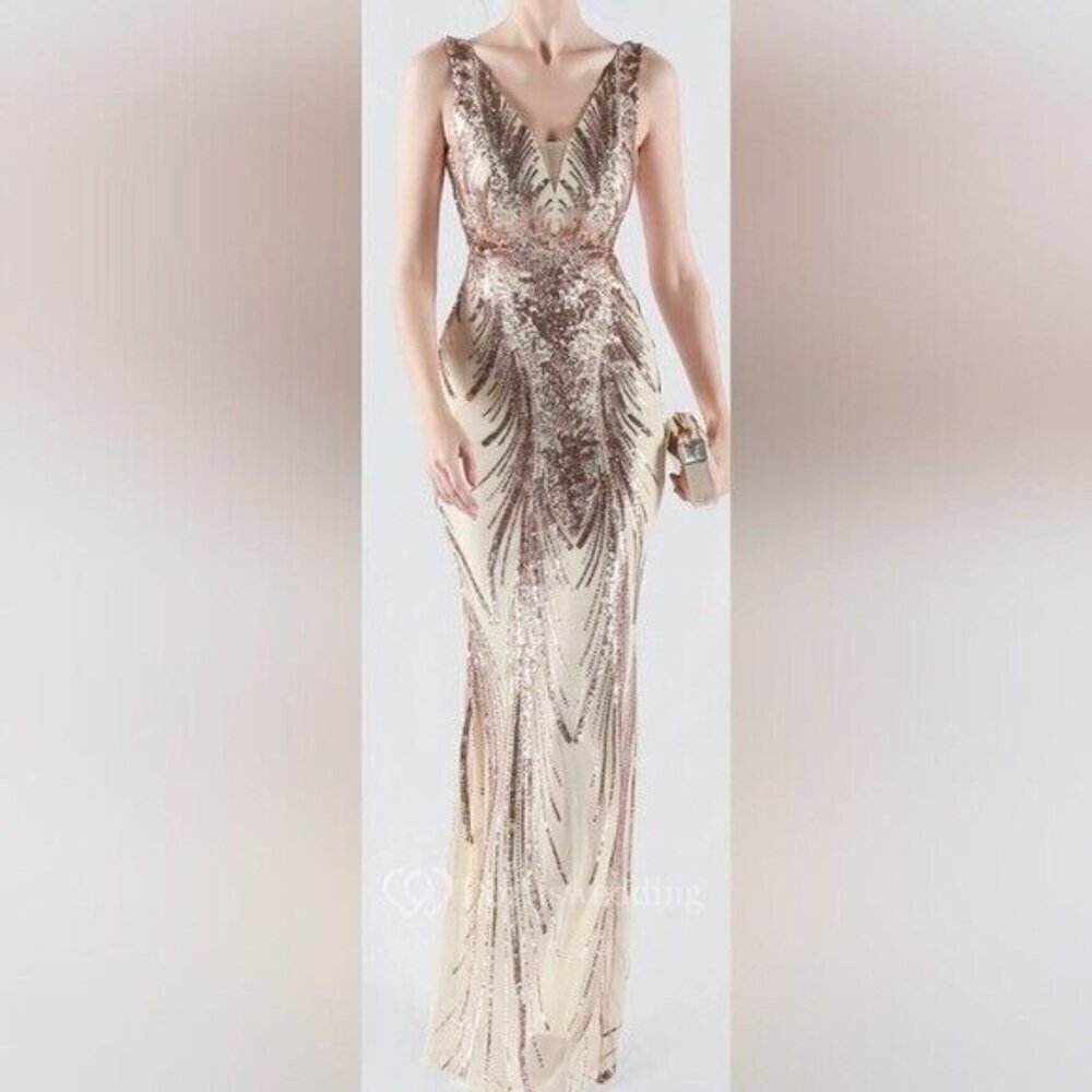 Gold, Double V, Beaded Back,  Draped Skirt,  Contrast Sequined Mermaid Gown - Picture 10 of 13